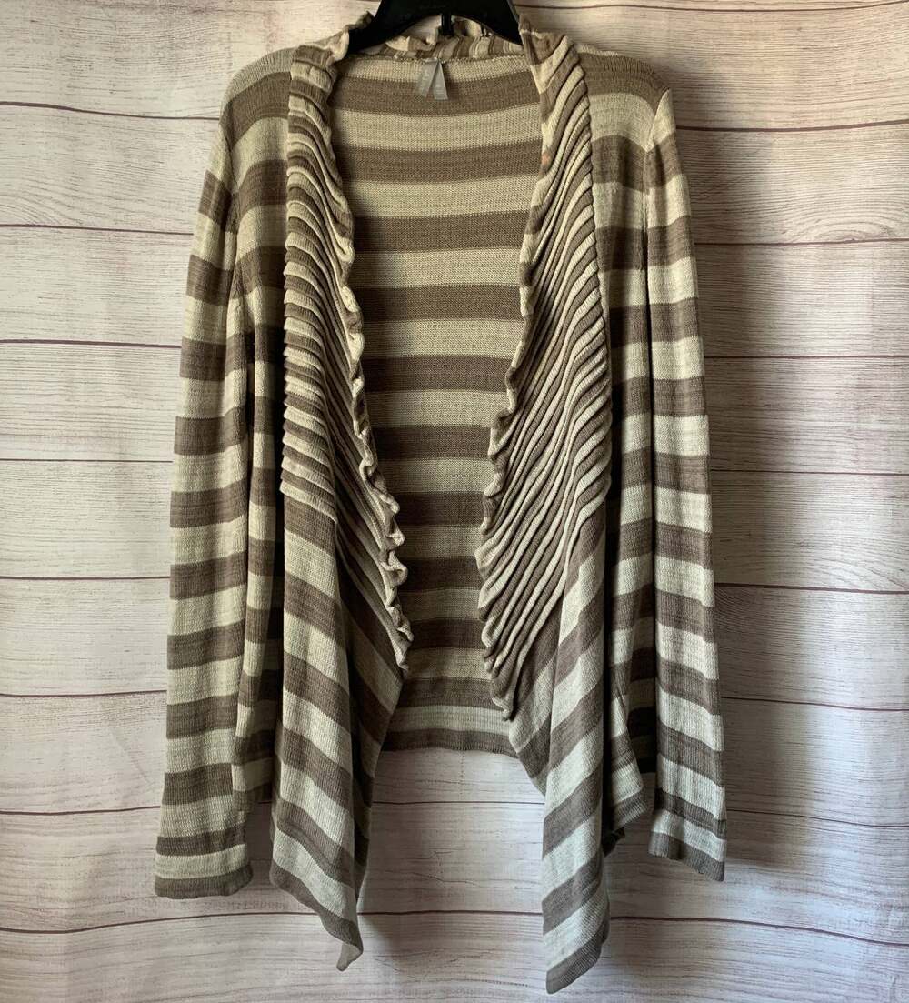 Vanity Cream and Taupe Striped Cardigan with Pleated Detail Size XL